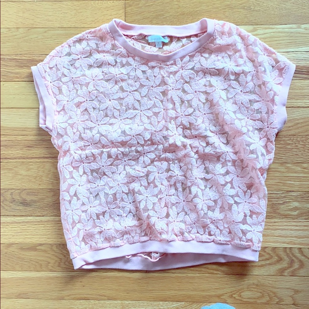 Charming Charlie pink floral lace top! Small.
